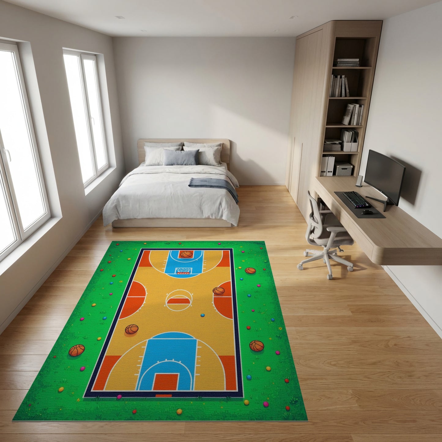 Playful Colorful Basketball Court Grass Rug