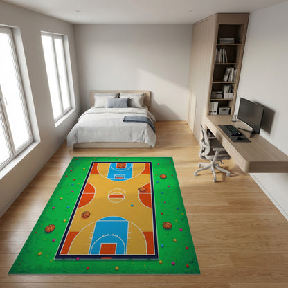 Playful Colorful Basketball Court Grass Rug