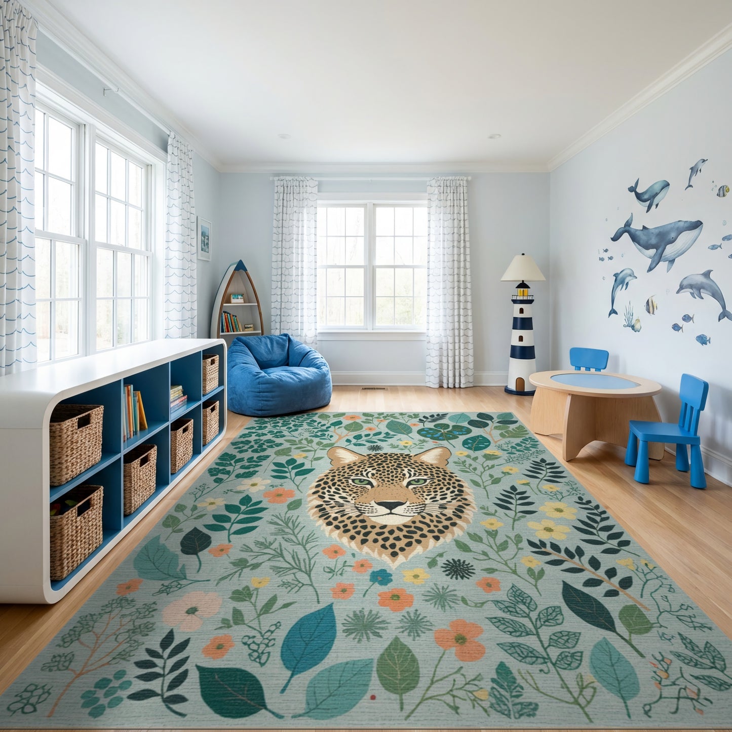 Vibrant Leopard Green Foliage Floral Rug