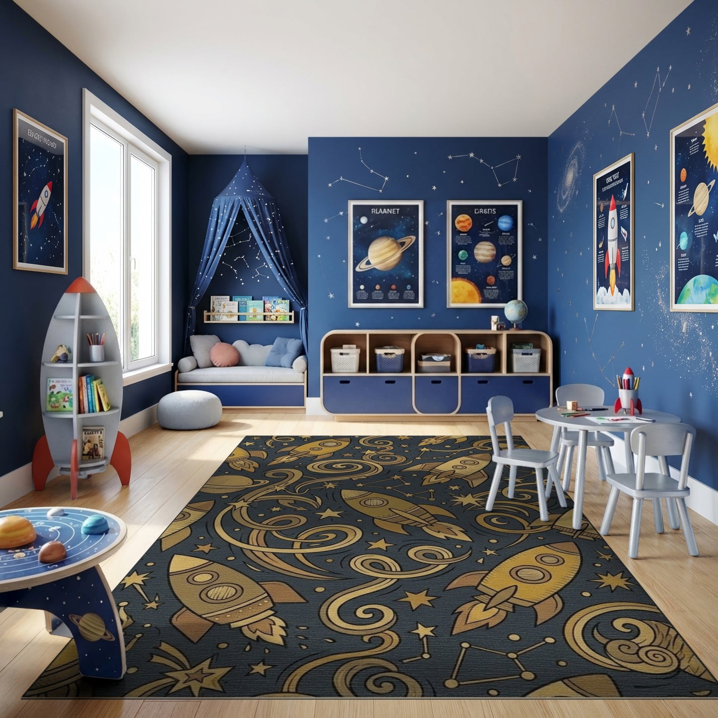 Cosmic Golden Rockets Swirling Stars Rug