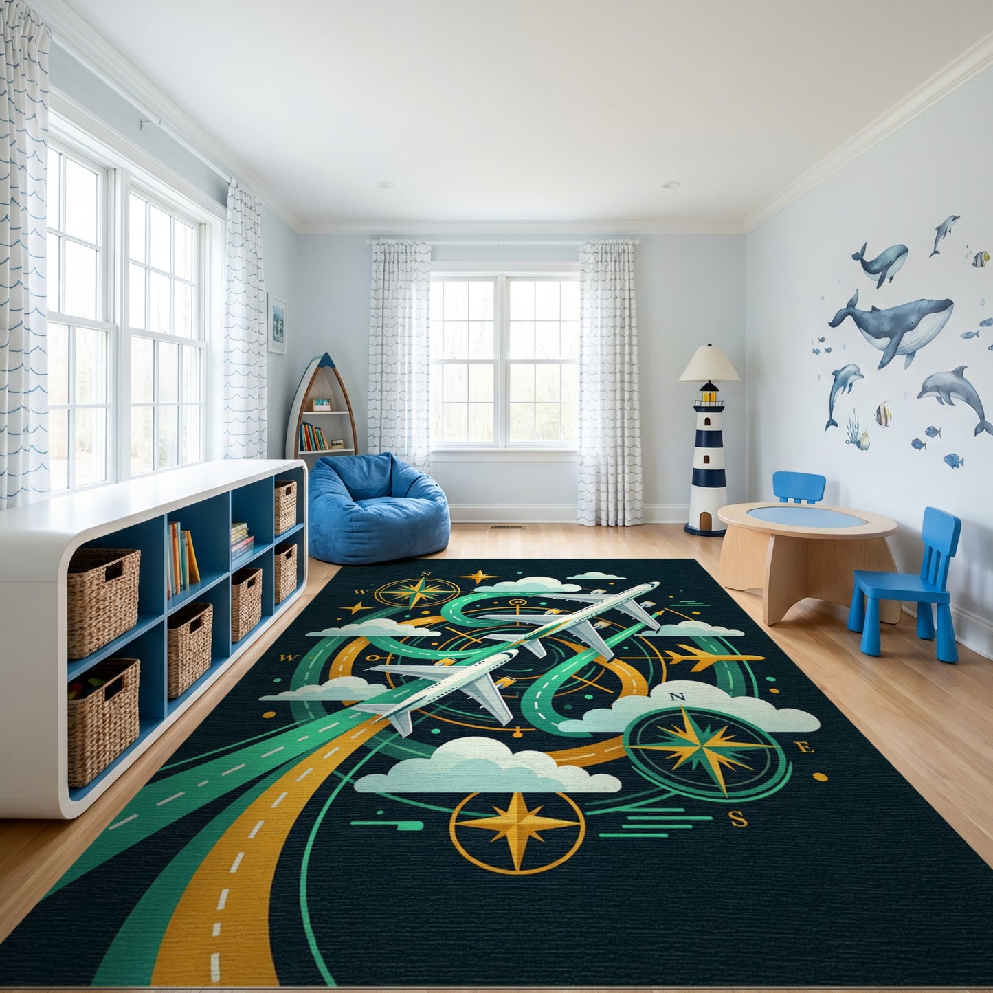Modern Airplane Compass Trails Rug