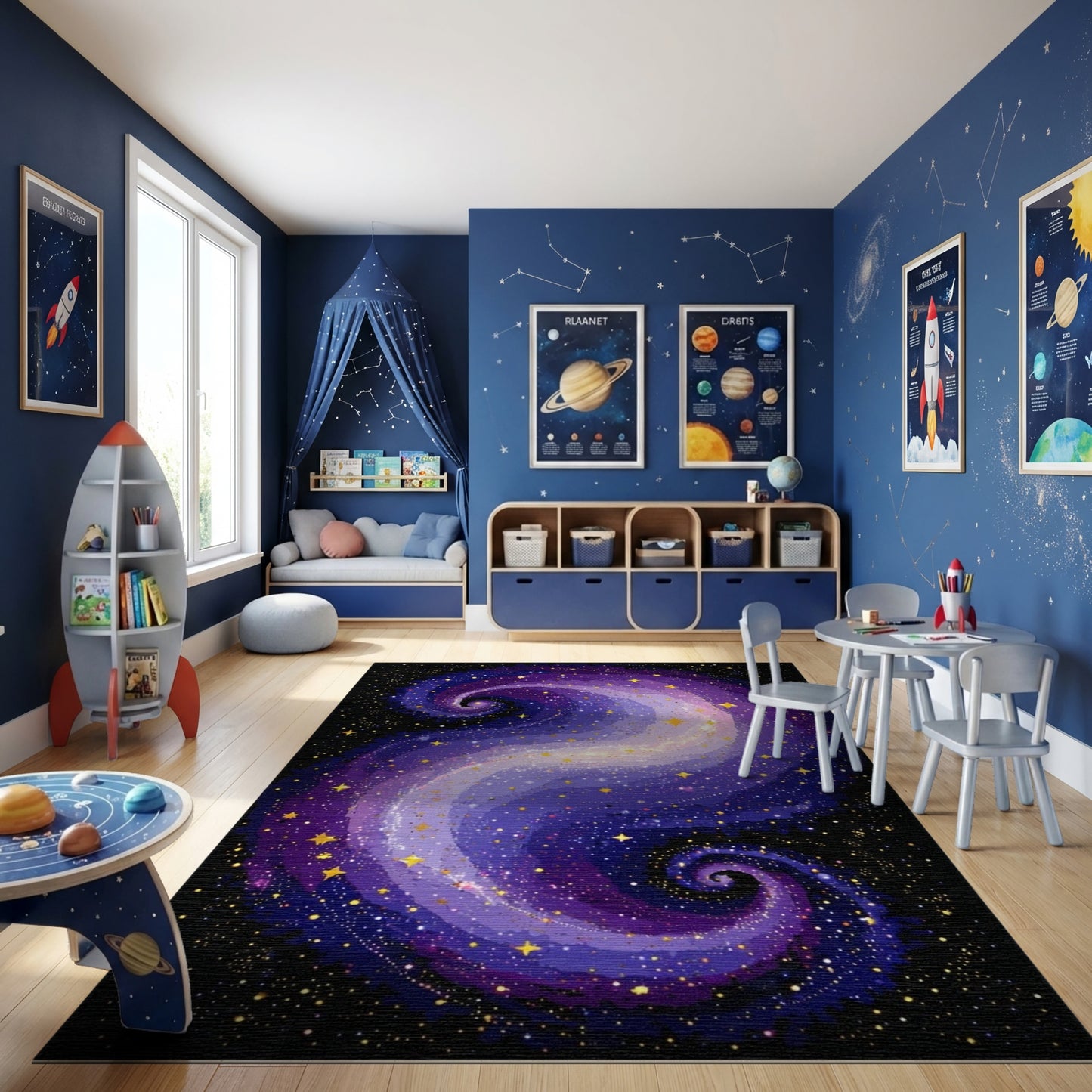 Cosmic Purple Gold Swirling Stars Rug