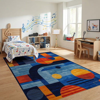Modern Navy Orange Geometric Circles Rug