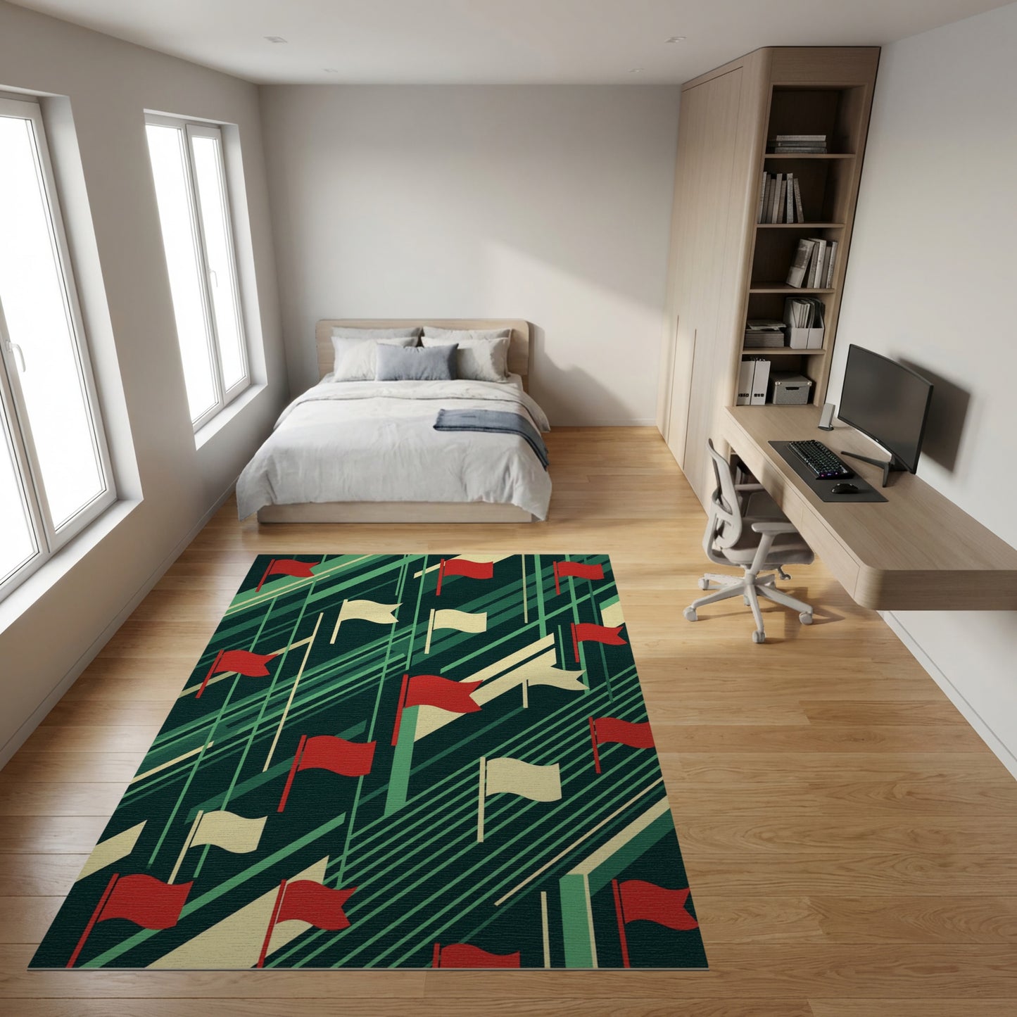Geometric Red White Flags Diagonal Green Rug