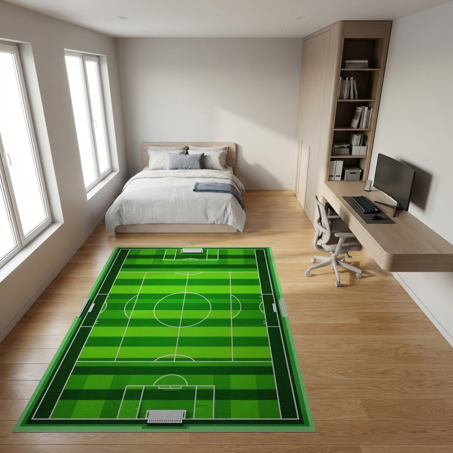 Bold Green Soccer Field Lines Rug