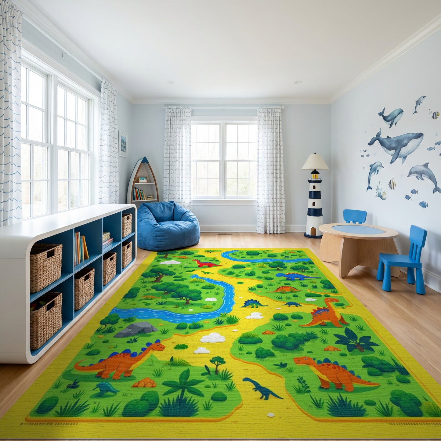 Whimsical Dinosaur Jungle River Rug