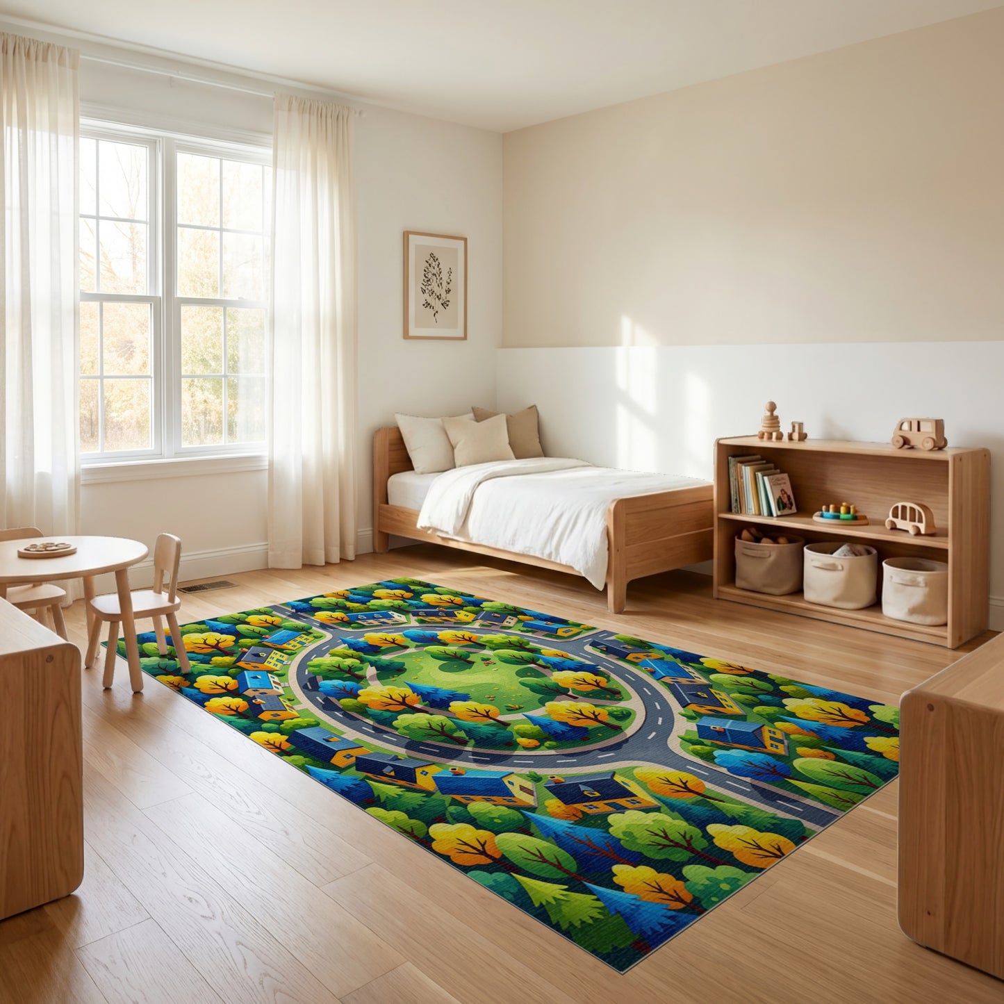 Vibrant Autumn Village Roundabout Trees Rug