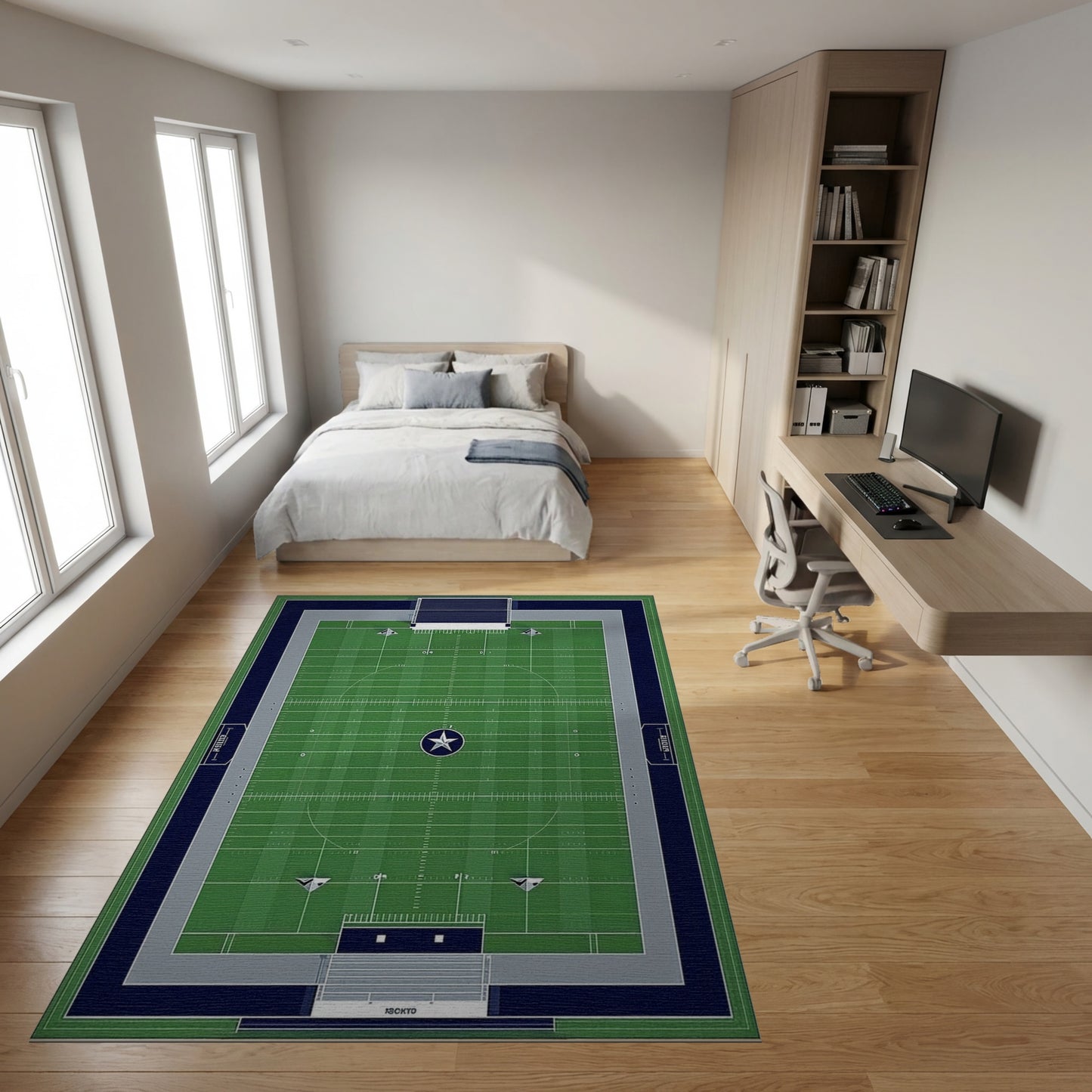 Green Navy Star Football Field Rug