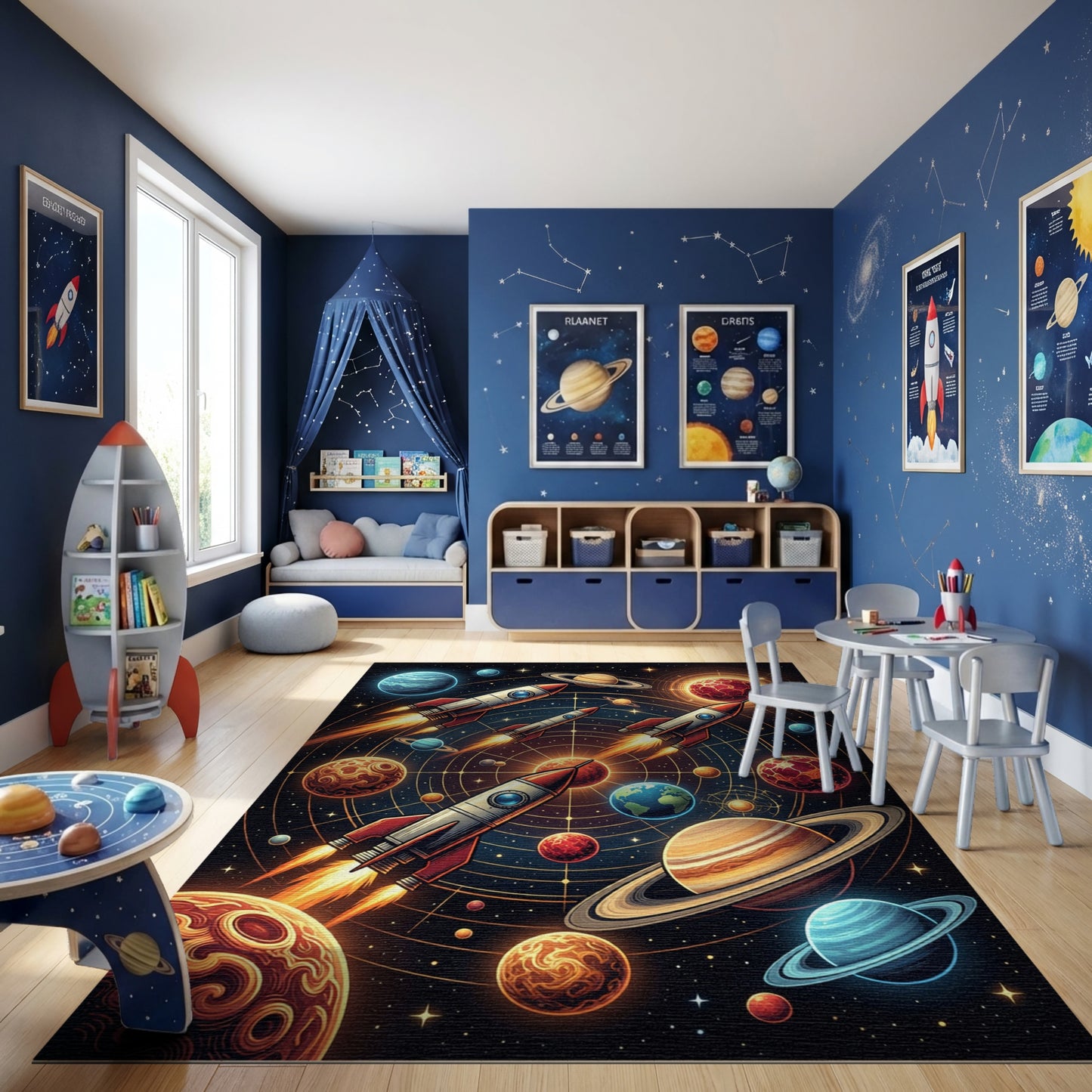 Vibrant Neon Rockets Planets Rug