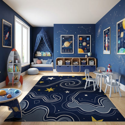 Navy Cosmic Swirling Stars Rug