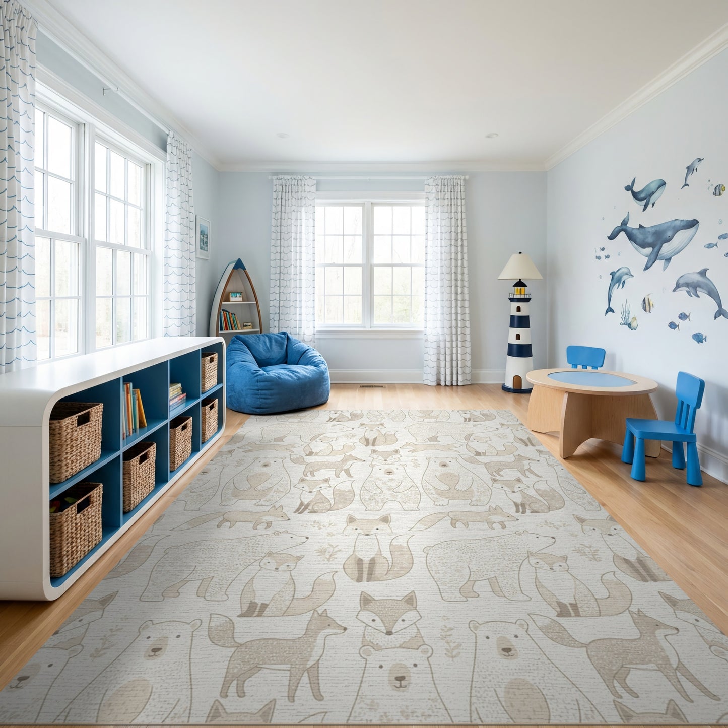 Whimsical Beige Fox Polar Bear Rug