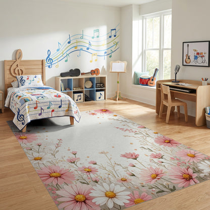 Delicate Pink White Daisy Border Rug
