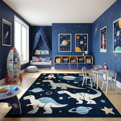 Whimsical Dino Rocket Planet Stars Rug
