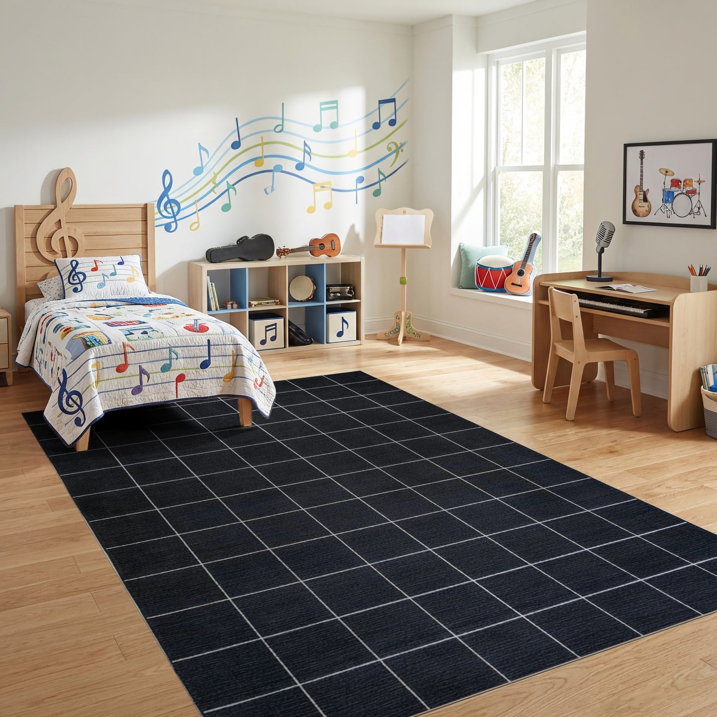 Modern Black and White Grid Rug