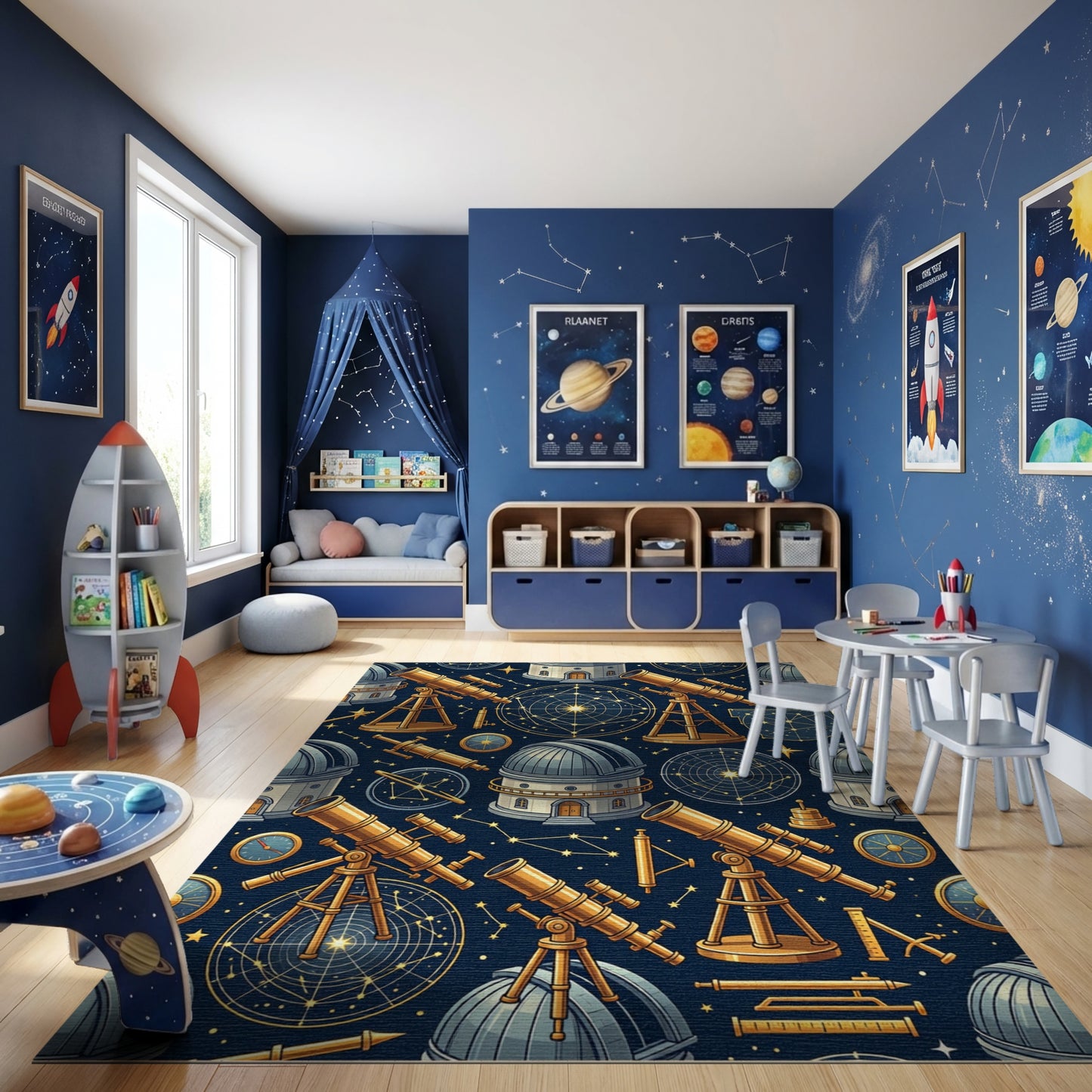 Vintage Celestial Telescopes Observatories Gold Rug