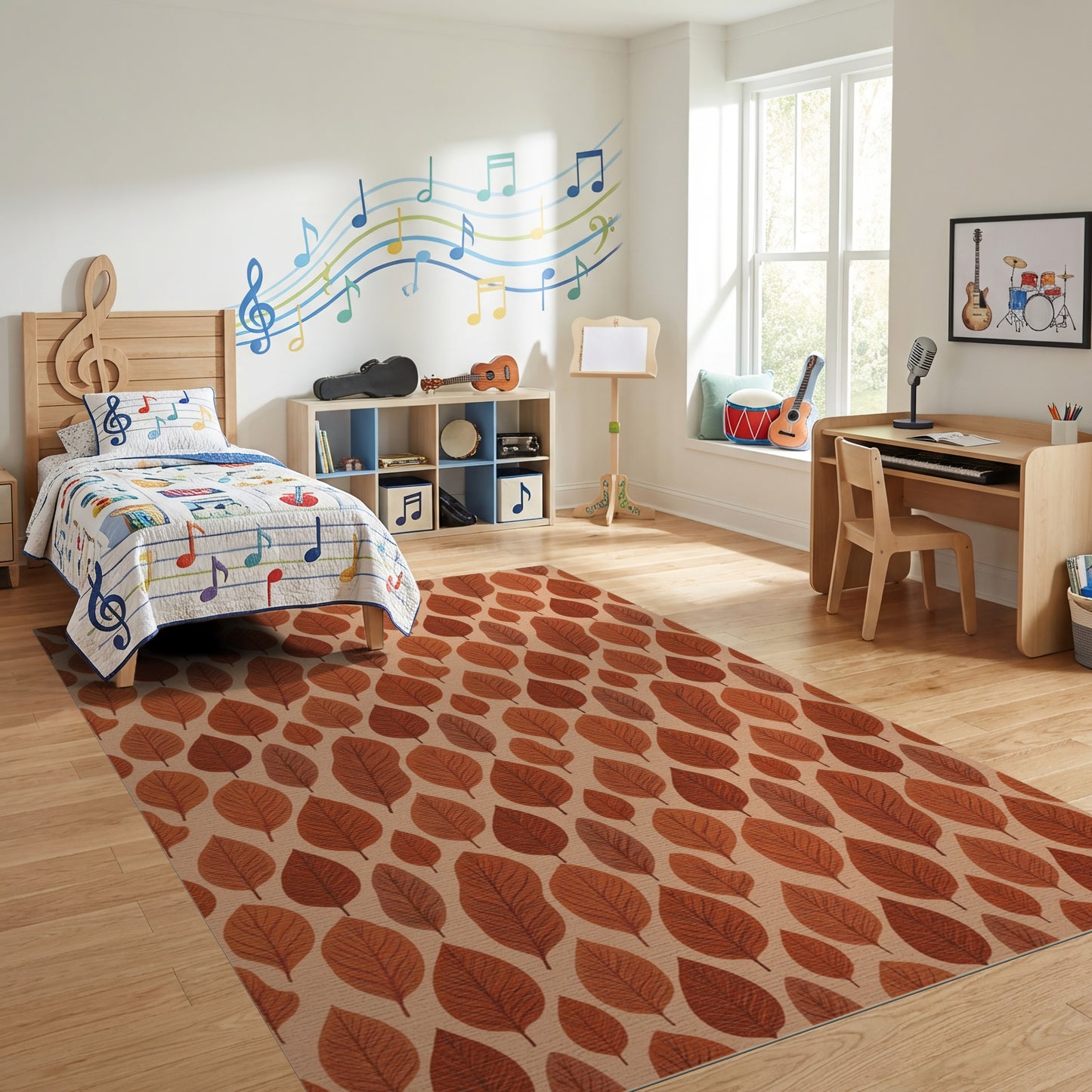 Warm Rust Beige Leaves Pattern Rug