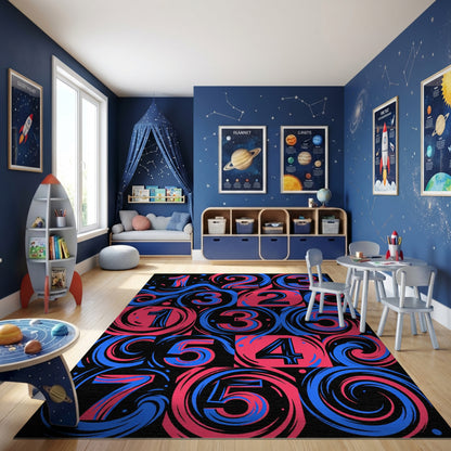 Bold Pink Blue Swirling Numbers Rug