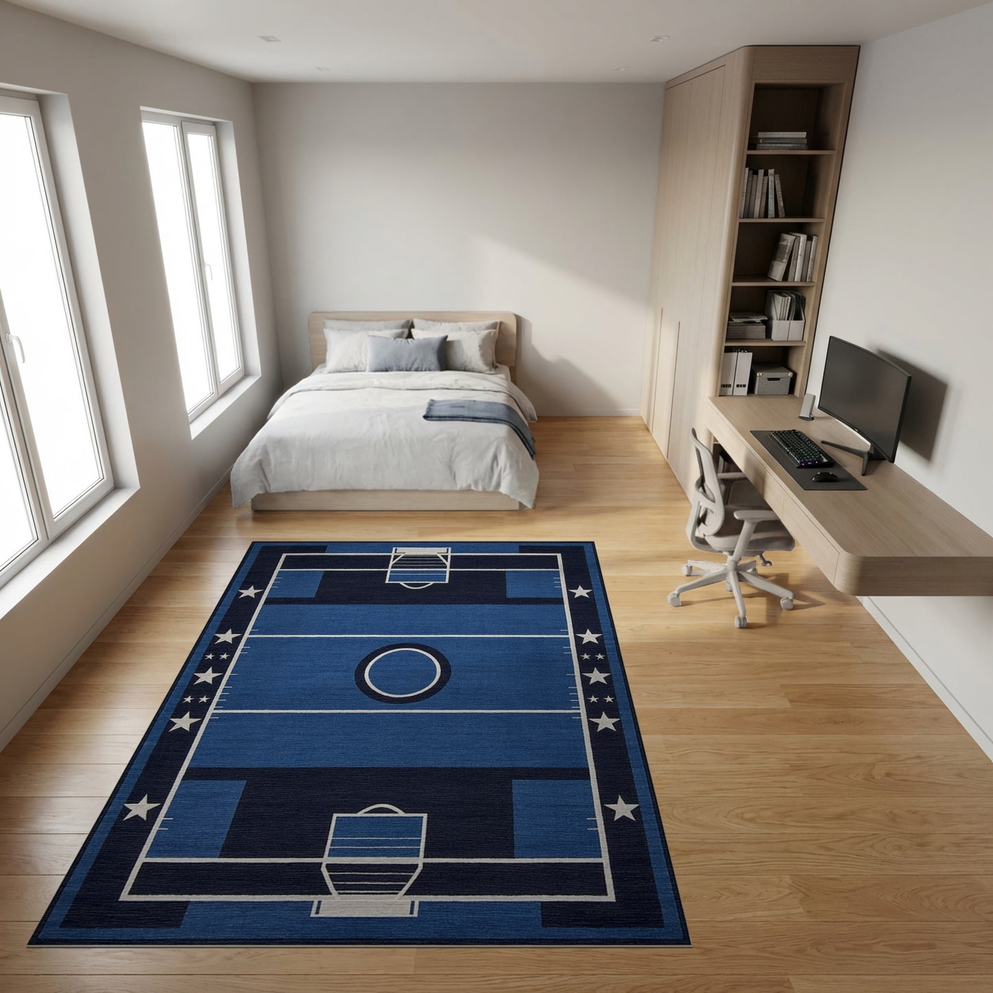 Navy Basketball Court Hoops Stars Rug