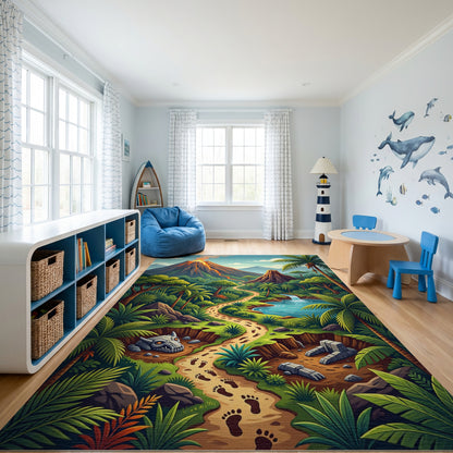 Vibrant Jungle Volcano Dino Path Rug