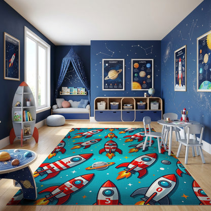Vibrant Red Rockets Stars Whimsical Rug