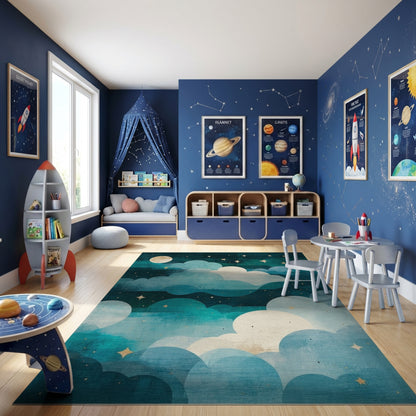 Dreamy Teal Starry Clouds Moon Rug