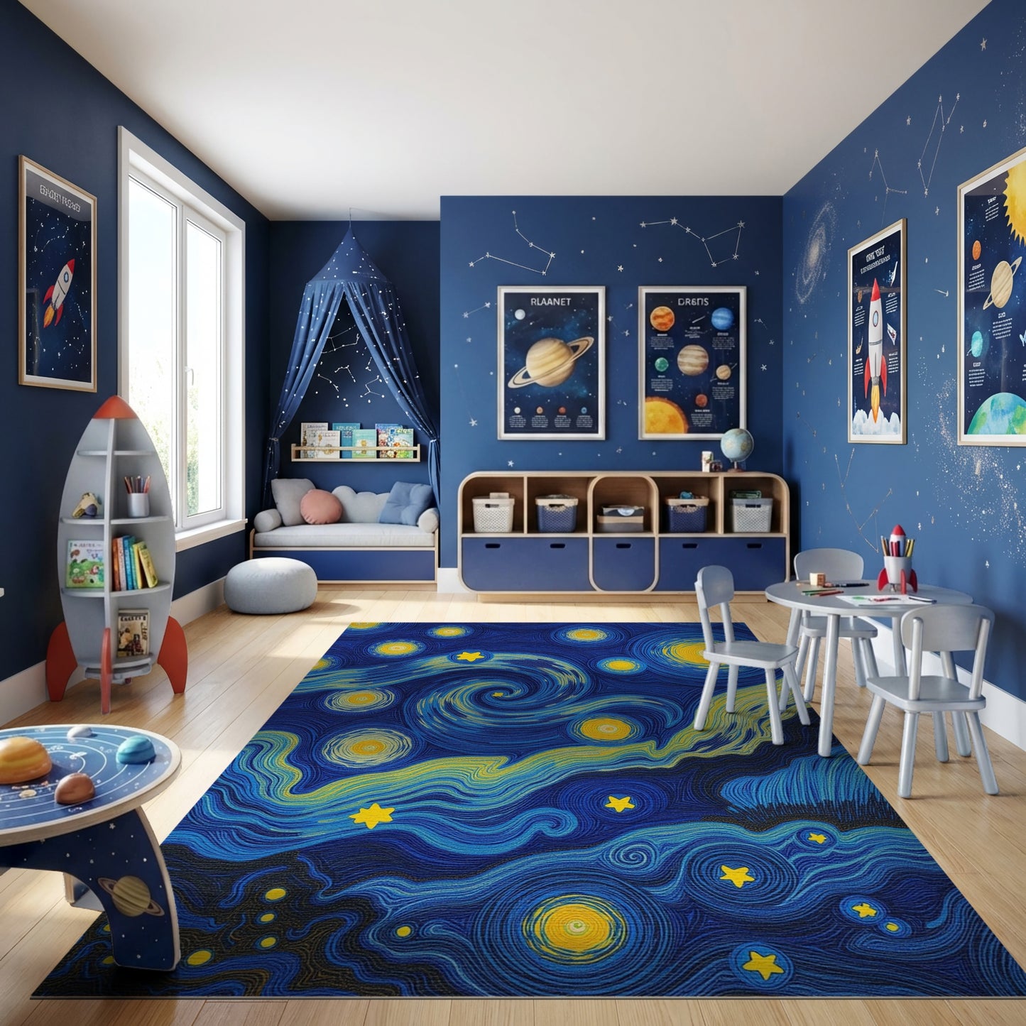 Swirling Glowing Stars Deep Blue Rug
