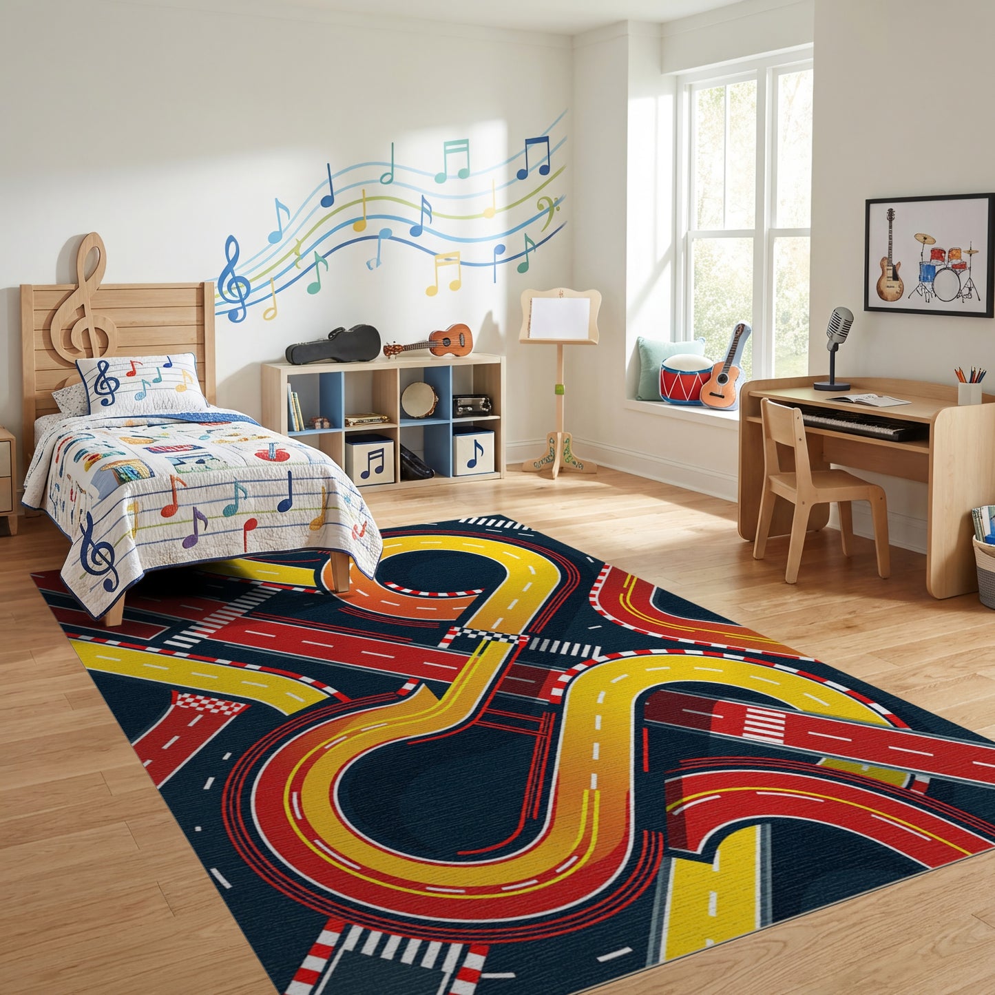 Dynamic Red Yellow Racing Tracks Rug