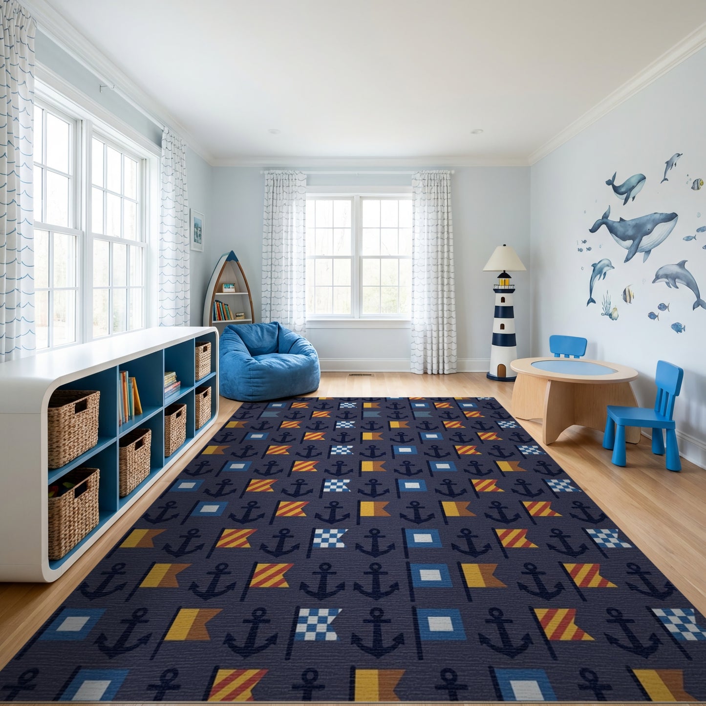Navy Nautical Anchors Flags Rug