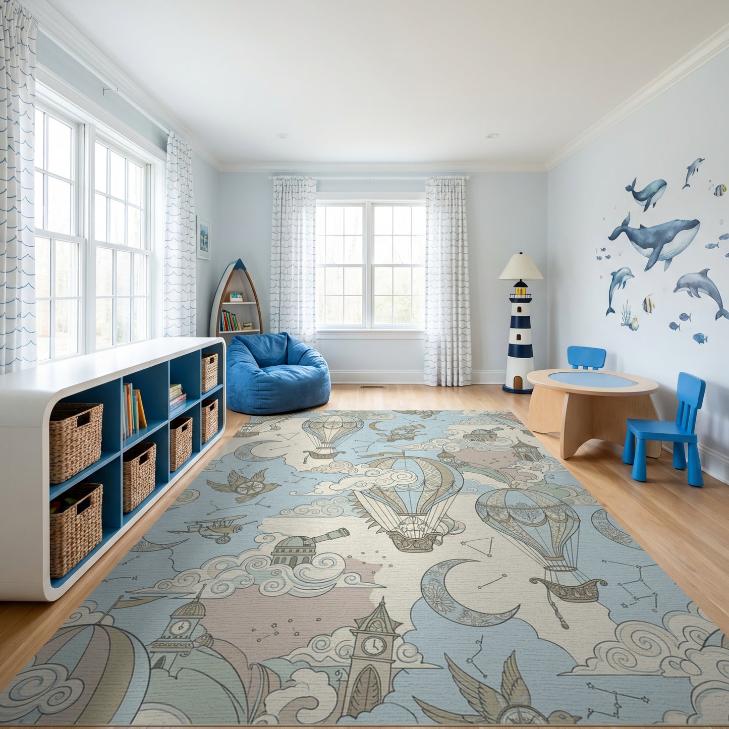 Whimsical Hot Air Balloons Celestial Clouds Rug