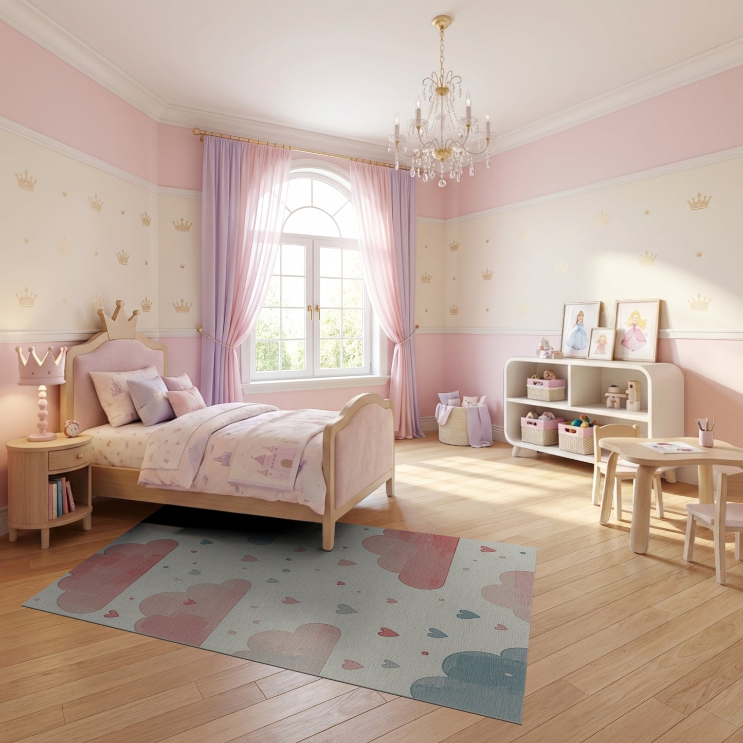 Pink and Blue Whimsical Clouds Hearts Rug