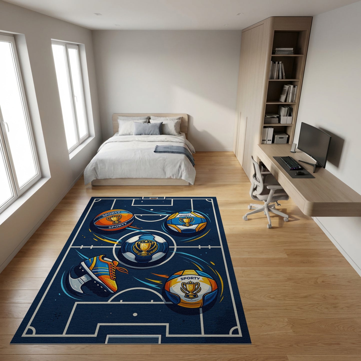 Dynamic Sports Balls Sneakers Trophies Rug