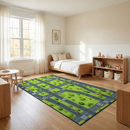 Vibrant City Roads Trees Cars Rug