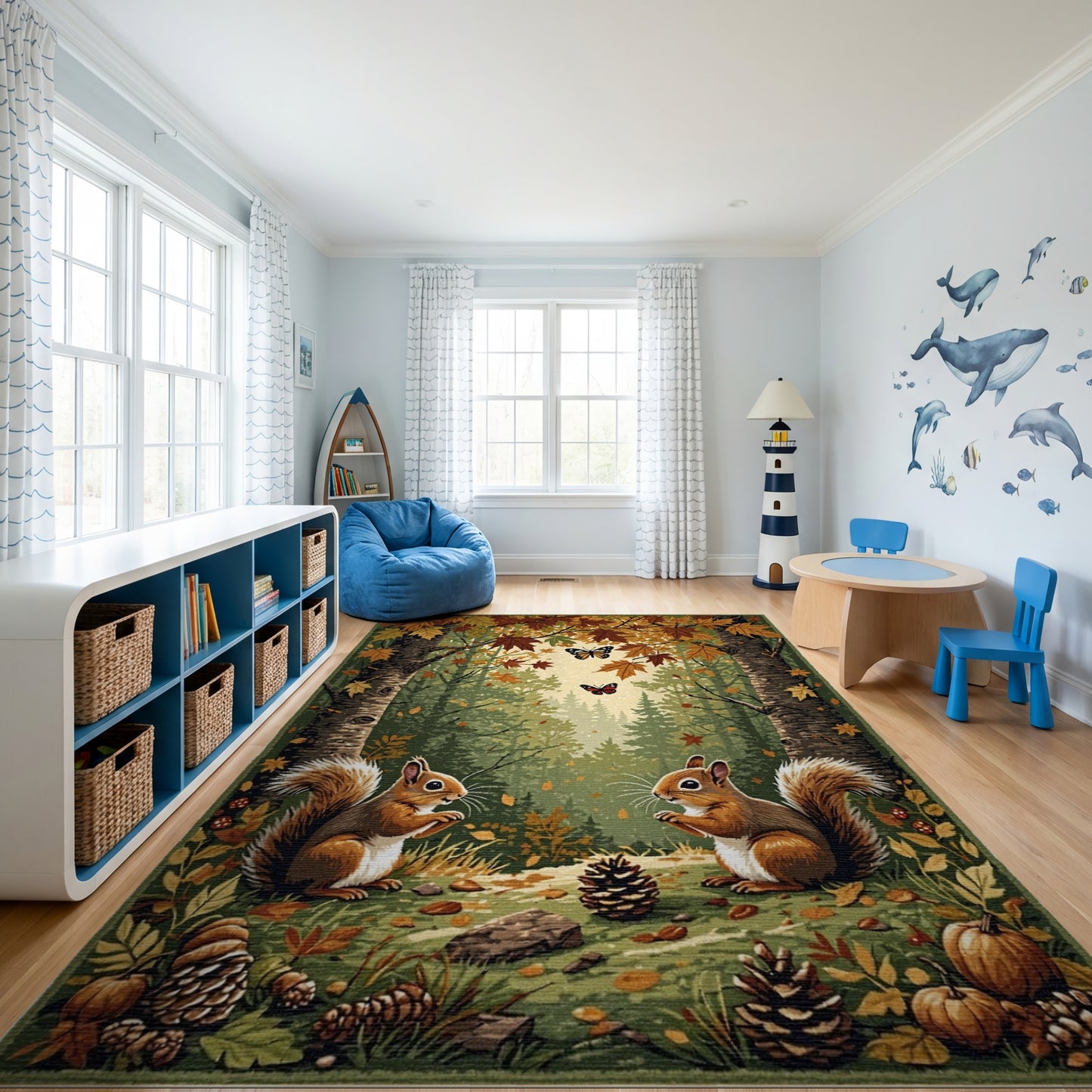 Whimsical Autumn Squirrels Forest Butterflies Rug