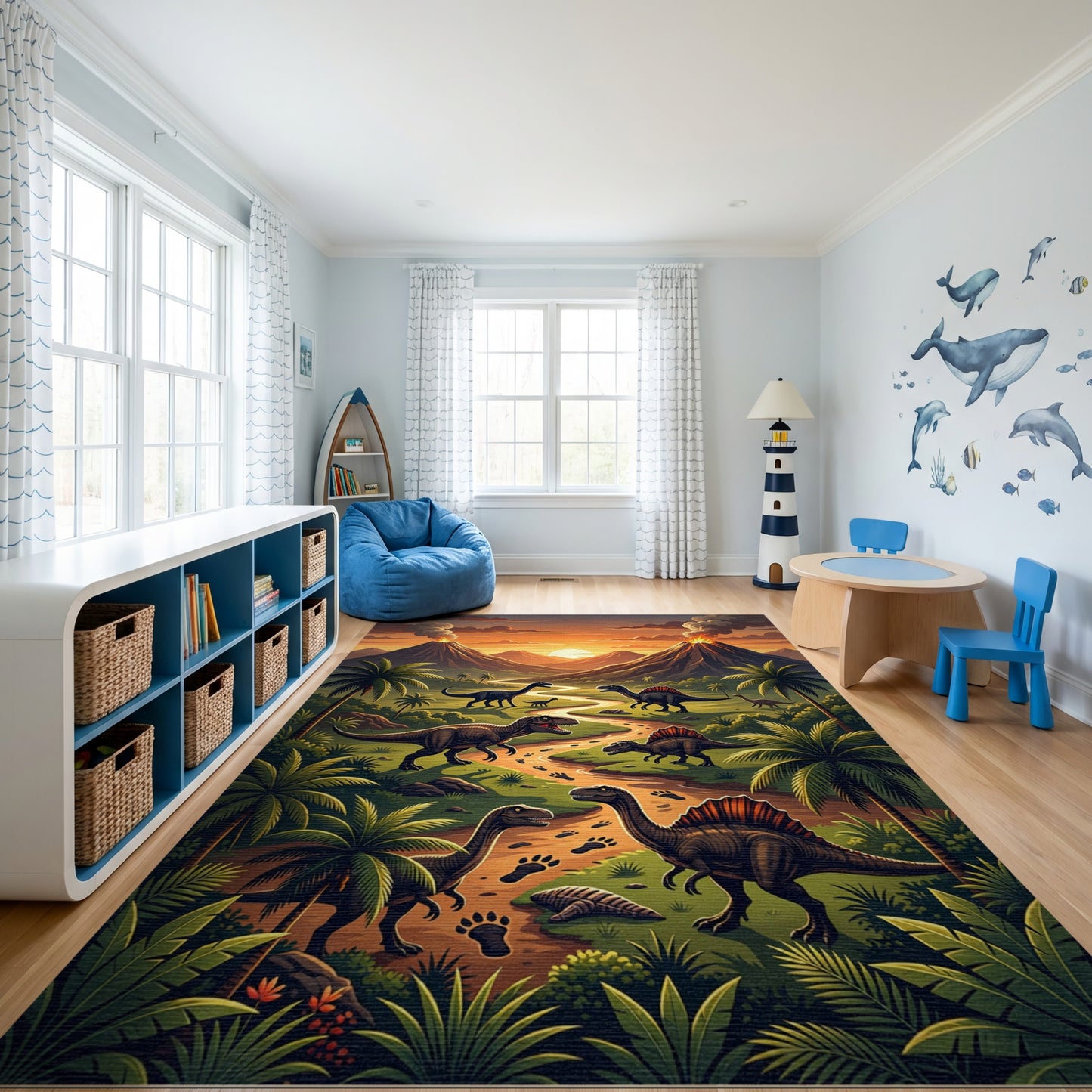 Vibrant Dinosaur Volcano Tropical Sunset Rug