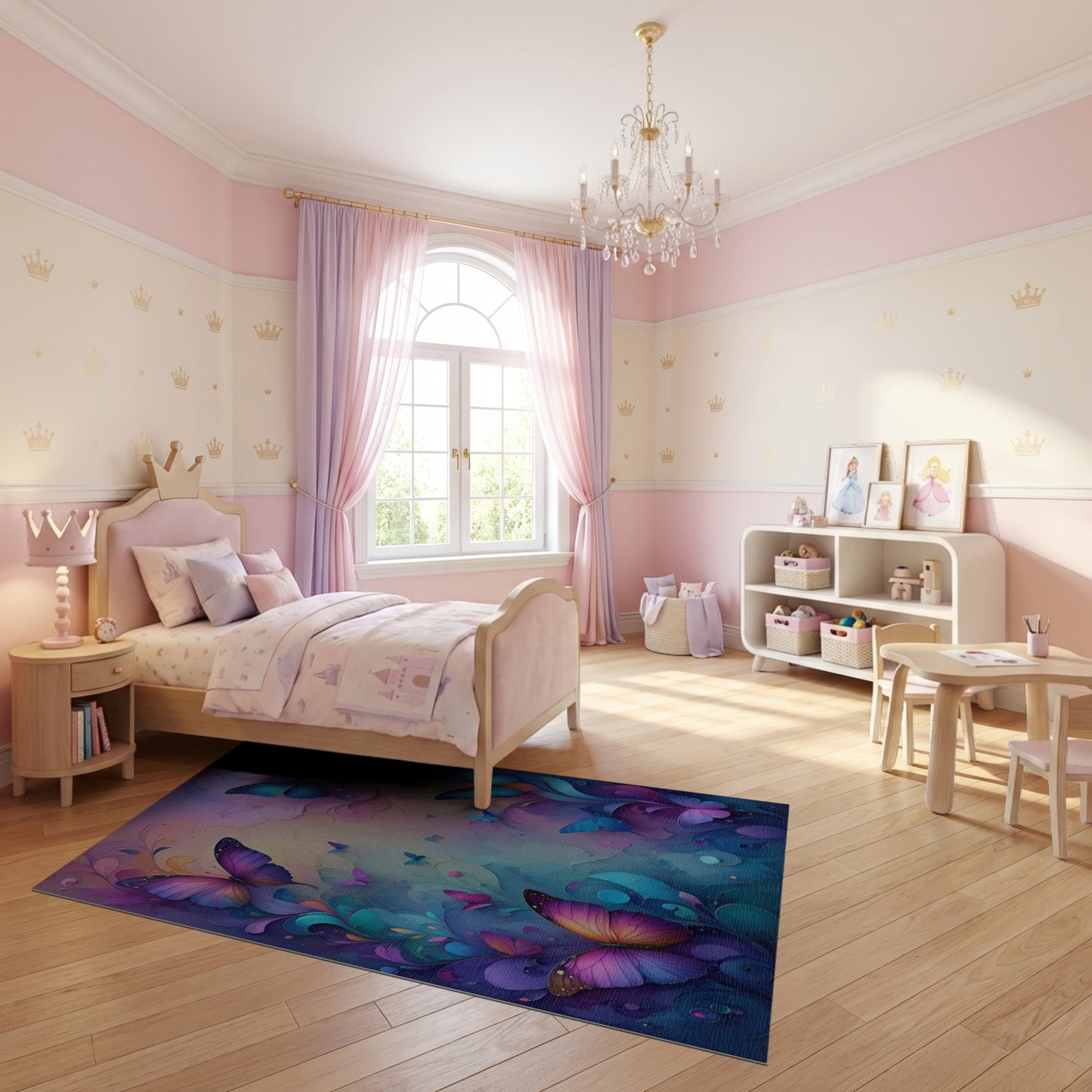 Whimsical Multicolor Butterfly Floral Swirl Rug