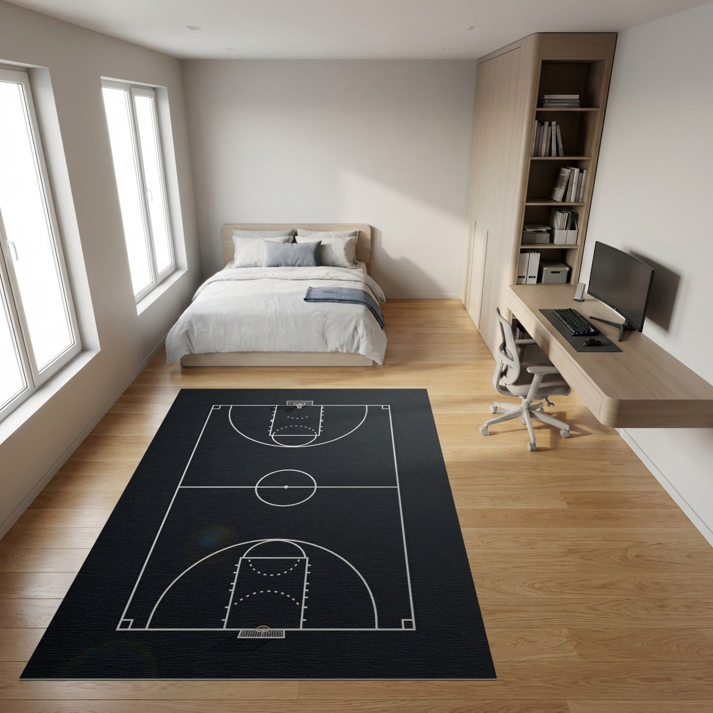Black and White Basketball Court Lines Rug