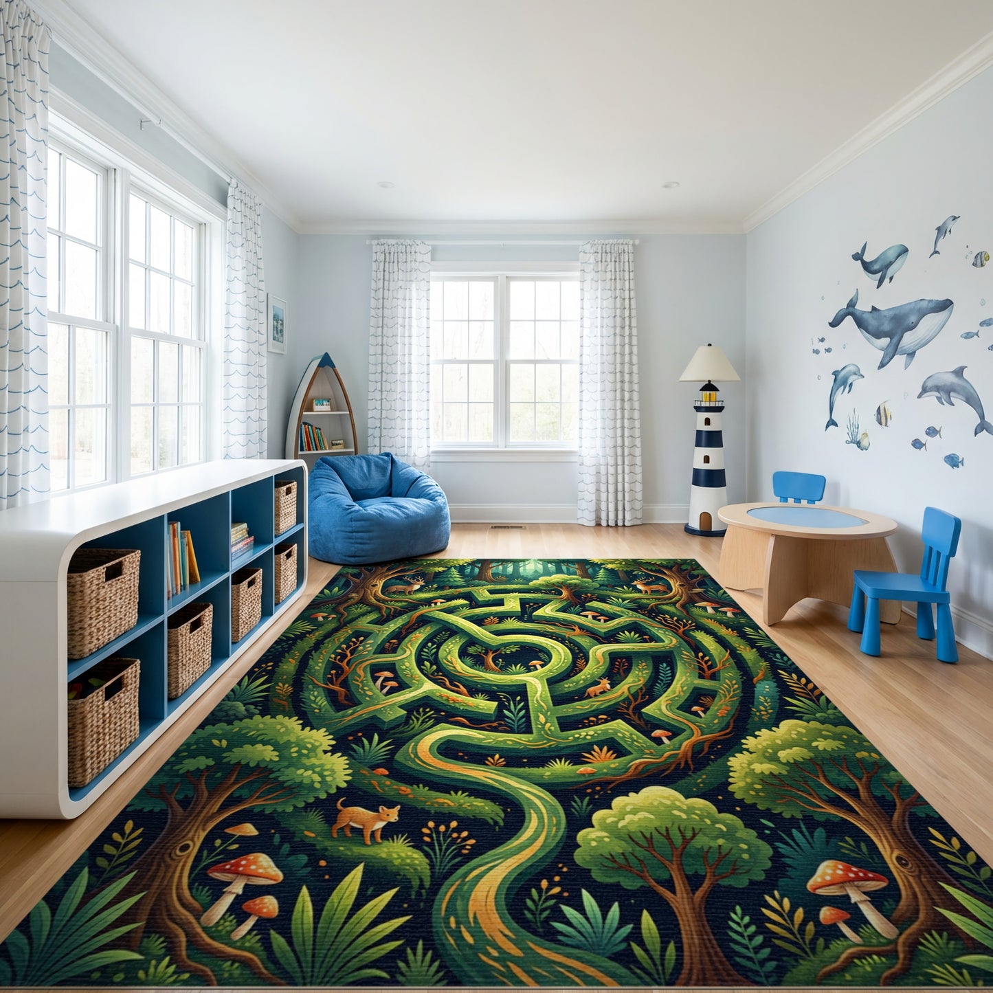 Enchanted Green Forest Maze Deer Rug