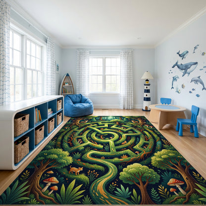 Enchanted Green Forest Maze Deer Rug