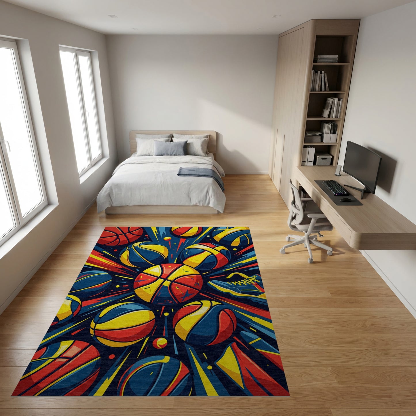 Vibrant Explosive Multicolor Basketball Sneaker Rug