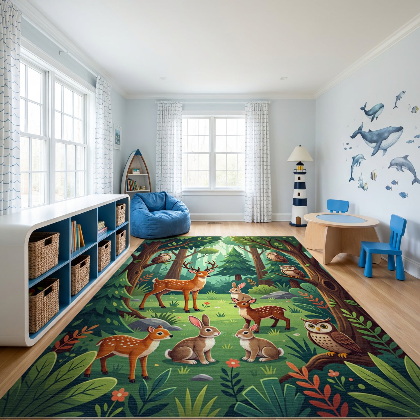 Whimsical Forest Deer Owls Rabbits Rug