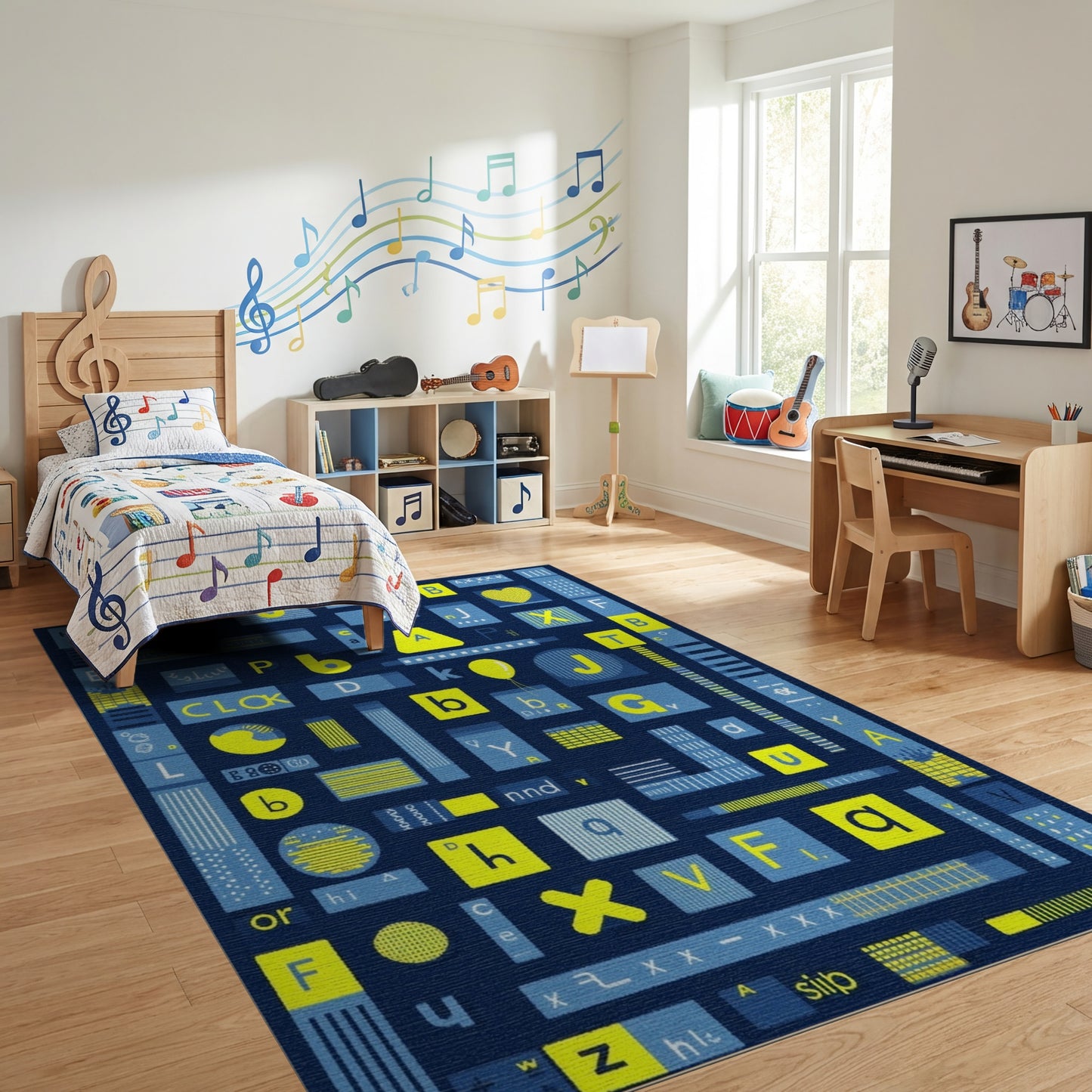 Playful Yellow Blue Alphabet Collage Rug