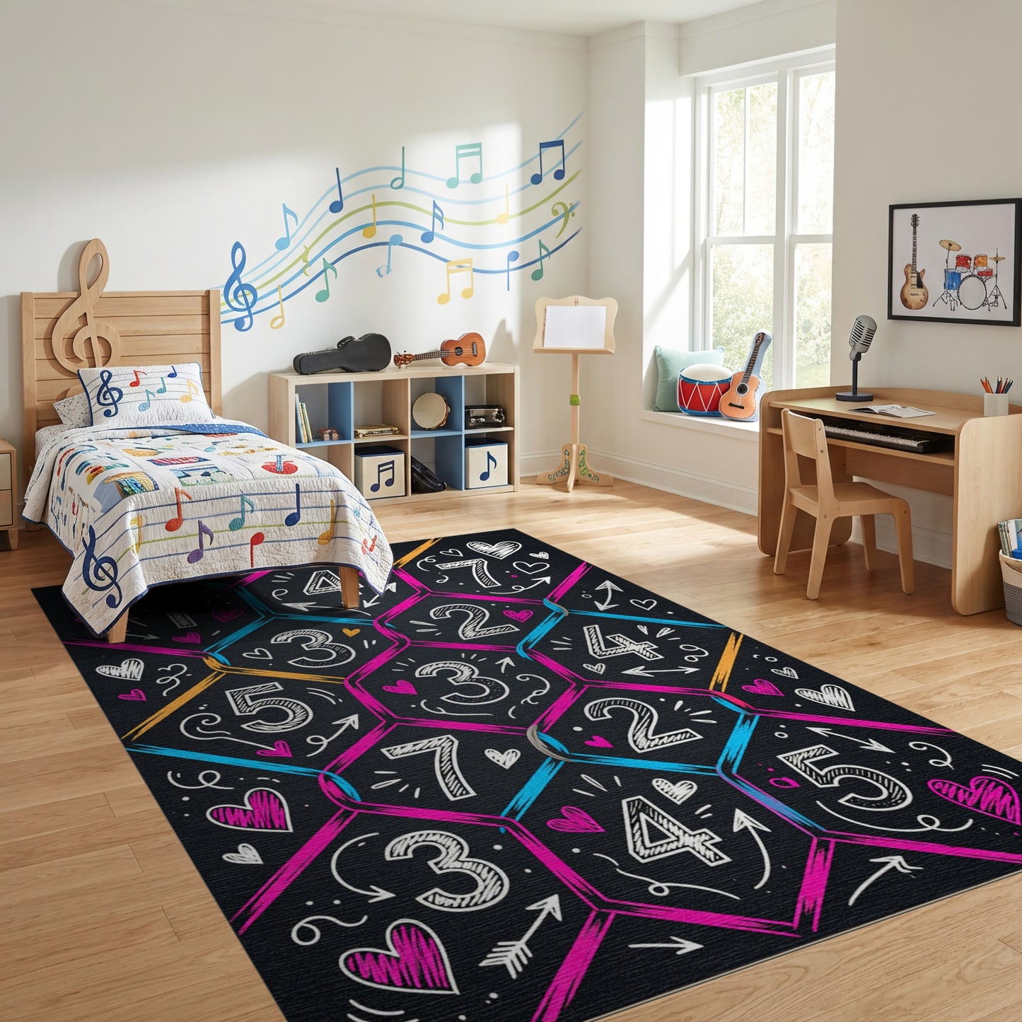 Vibrant Hexagonal Numbers Hearts Arrows Rug