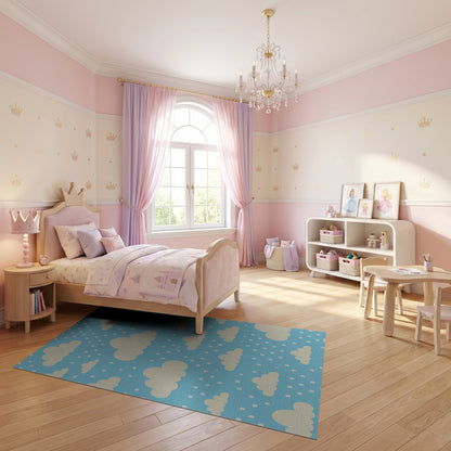 Whimsical Fluffy Clouds Blue Dots Rug
