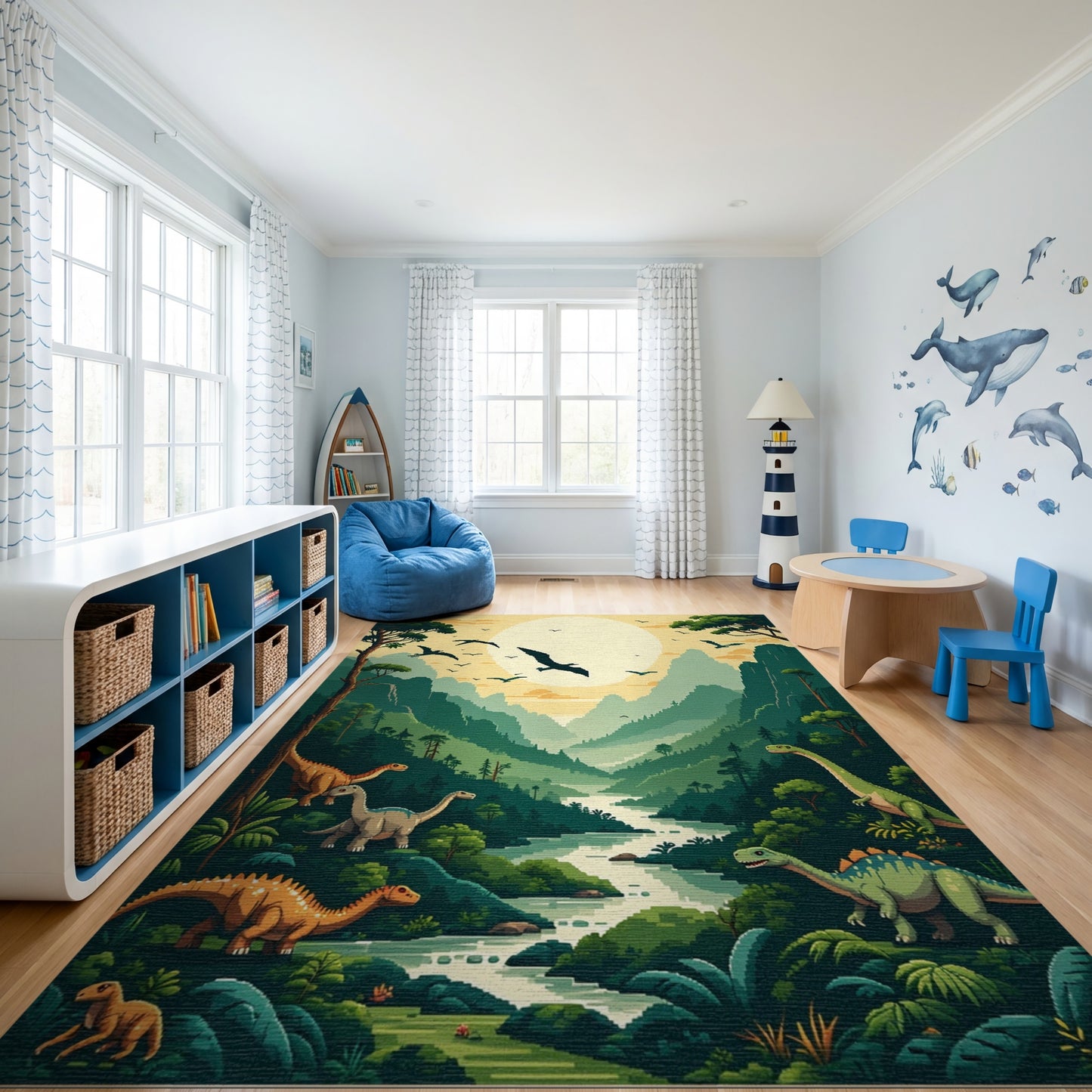 Vibrant Dinosaur Valley Sunset Mountain Rug