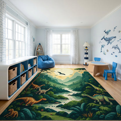 Vibrant Dinosaur Valley Sunset Mountain Rug