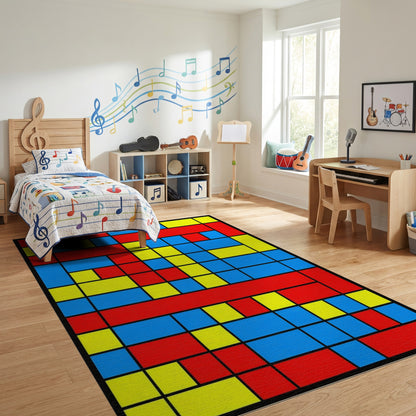Bold Red Blue Yellow Geometric Rug