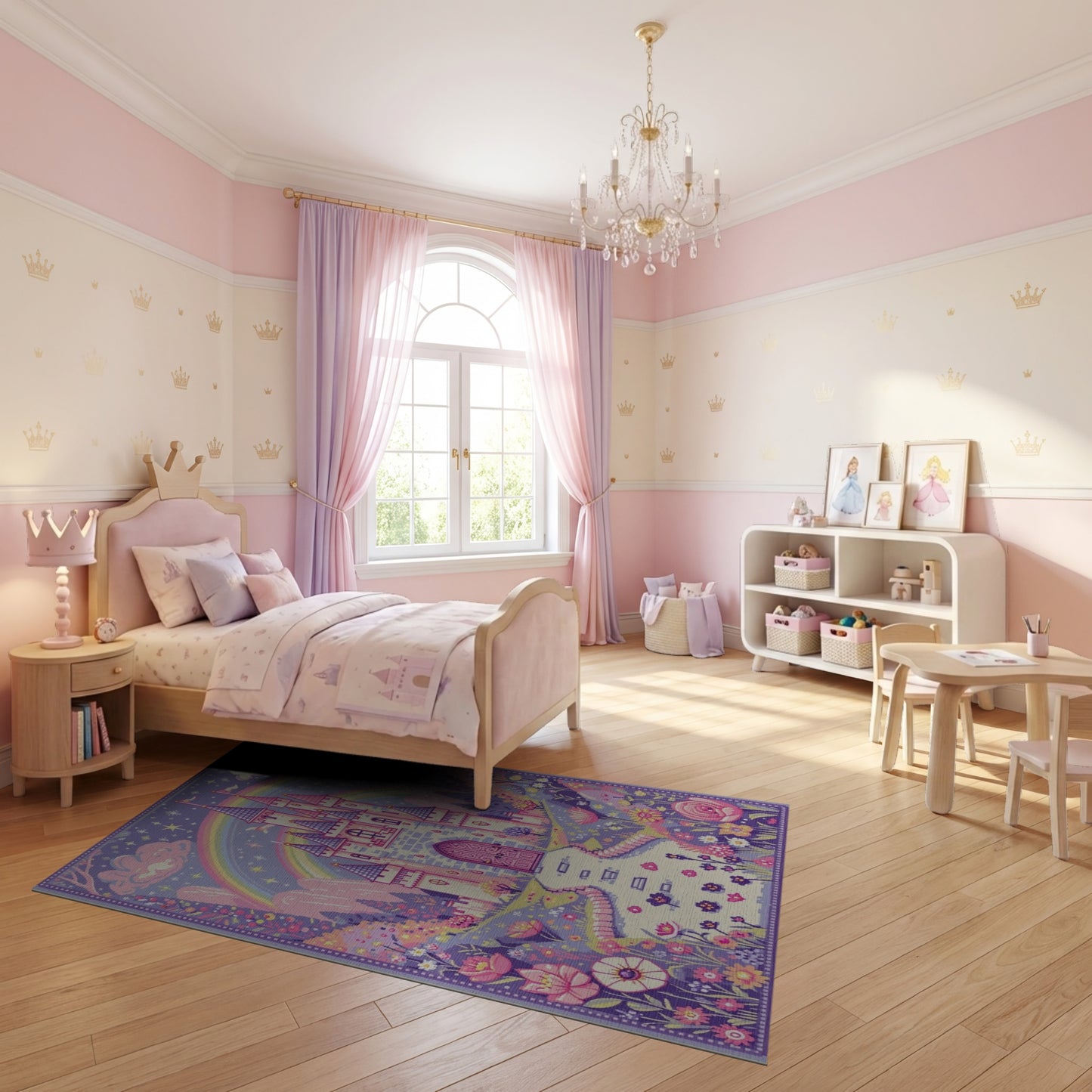 Whimsical Purple Castle Rainbow Rug