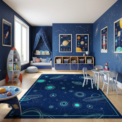 Navy Cyan Planets Rings Stars Rug