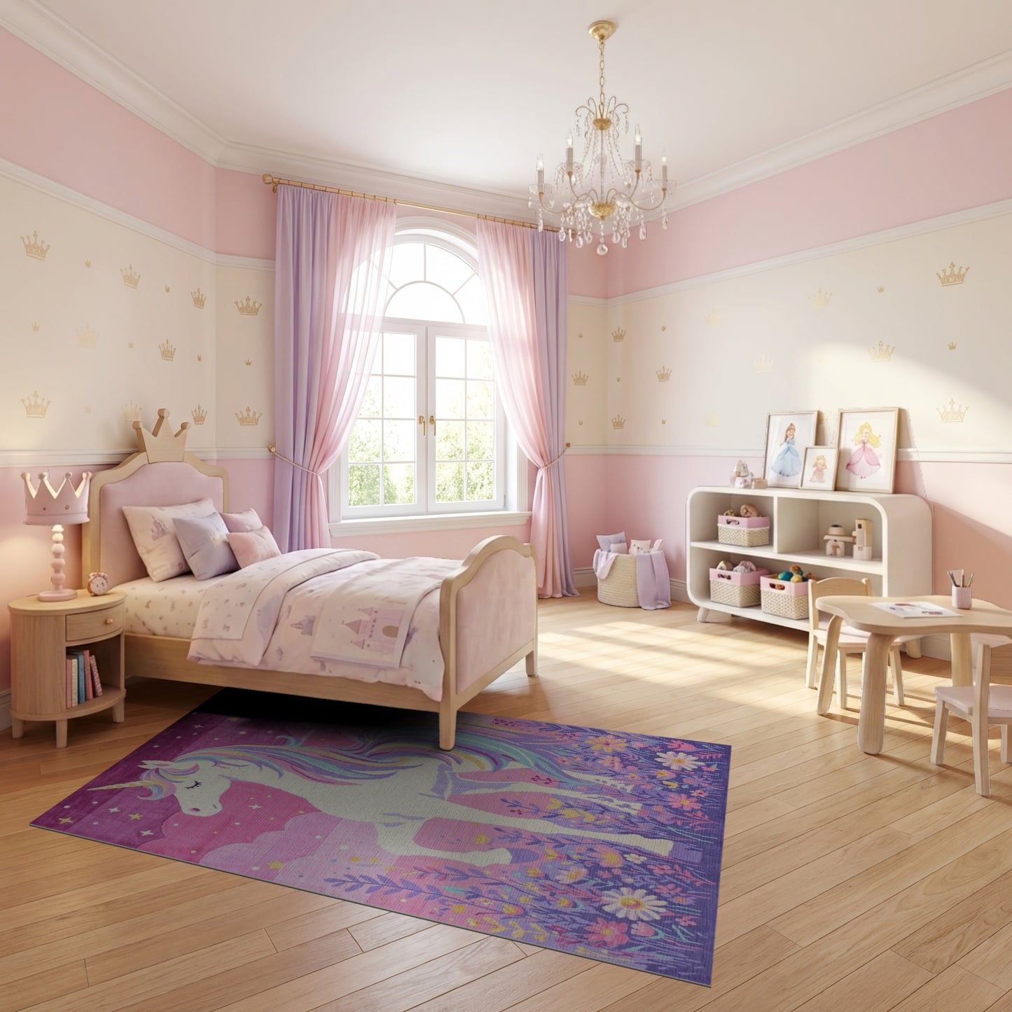 Whimsical Purple Unicorn Rainbow Stars Rug