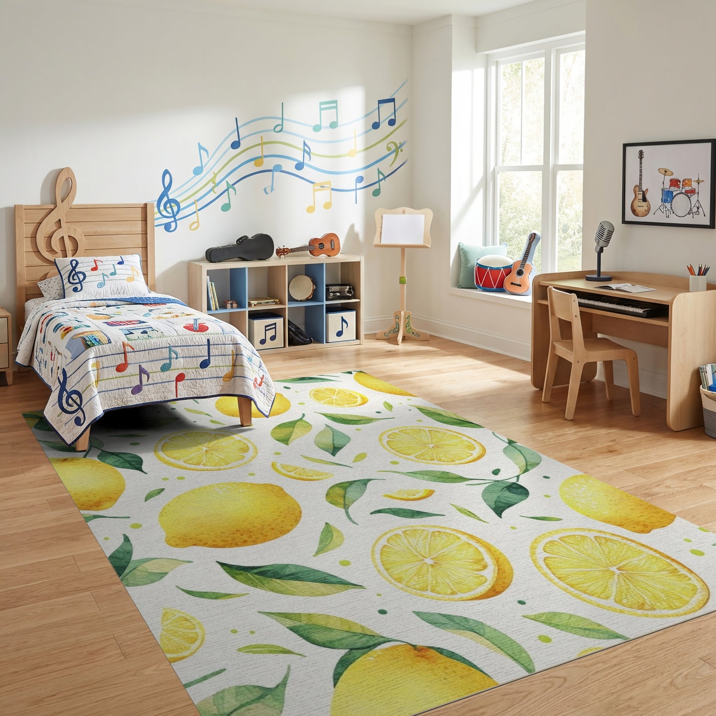 Vibrant Watercolor Lemons Green Leaves Rug